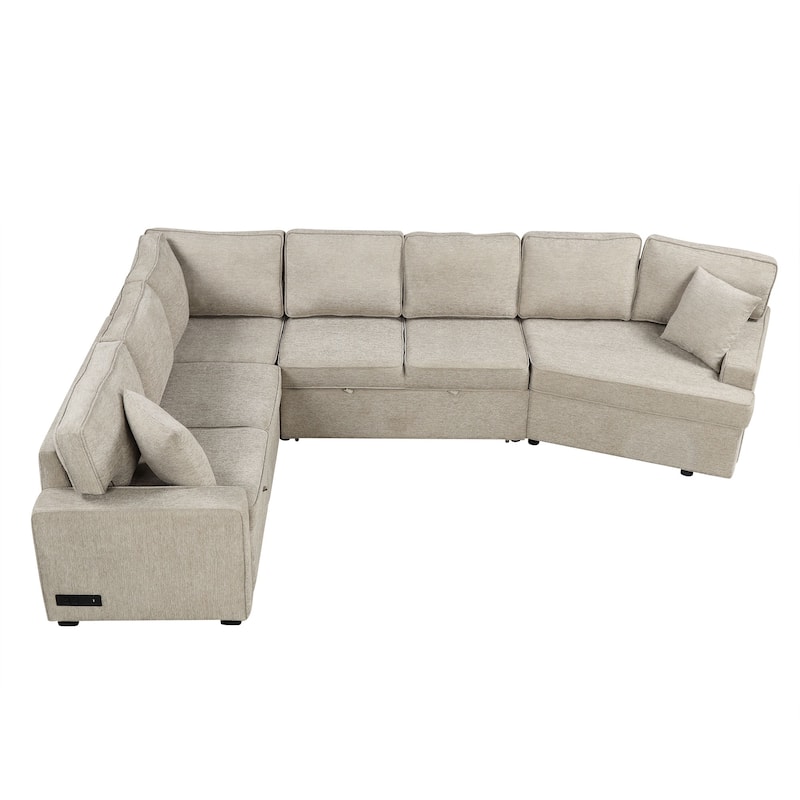 Modern 126" L-Shaped Sofa with Sleeper Bed, Cup Holders, and Power Outlets