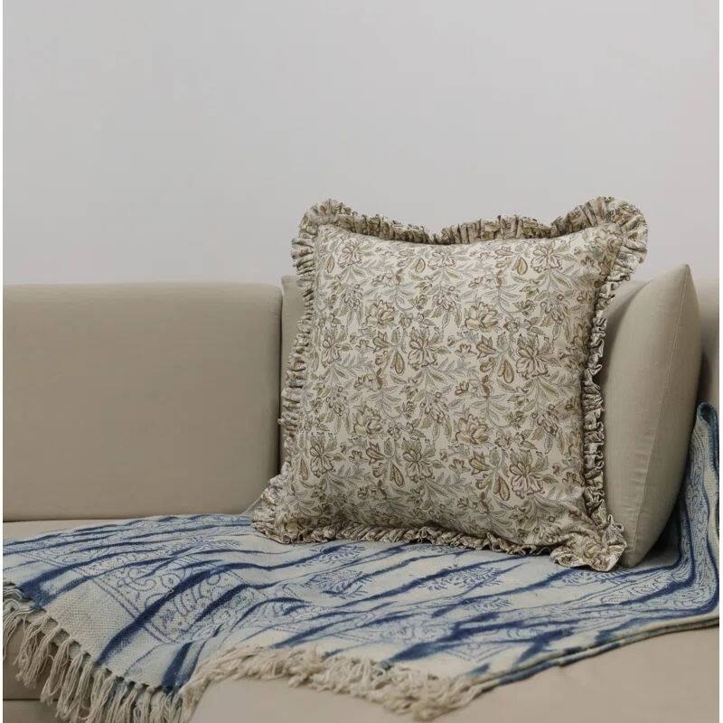 Floral Cotton Indoor Outdoor Frill Pillow Cover- Kudrat