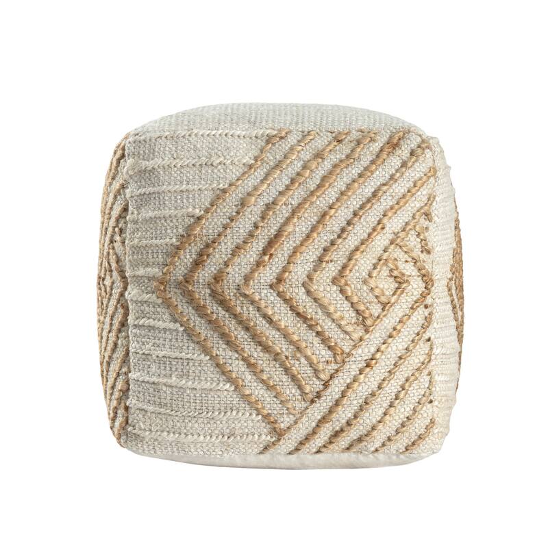 HomeRoots 18" Natural and Off White Cotton Jute And Wool Geometric Cube Pouf Ottoman