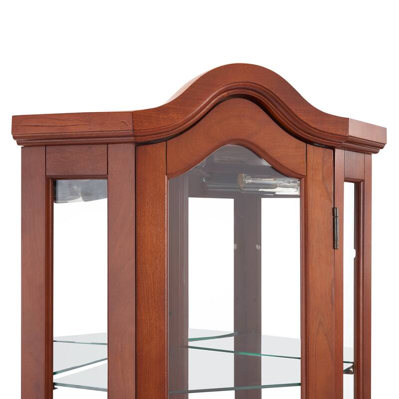 Elegant Walnut Corner Curio Cabinet with Lights, Tempered Glass Shelves, and Mirrored Back for Collectibles