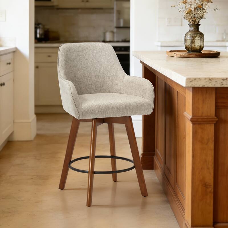 25 Inch Upholstered Swivel Counter Height Bar Stool with Armrests, Solid Wood Legs - 23.6"W x 22.4"D x 40.2"H
