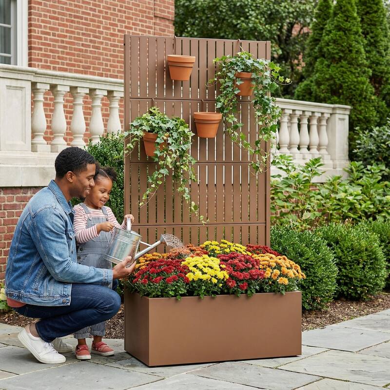 Raised Garden Bed Planter with Trellis Movable Planter Box with Lockable Wheels
