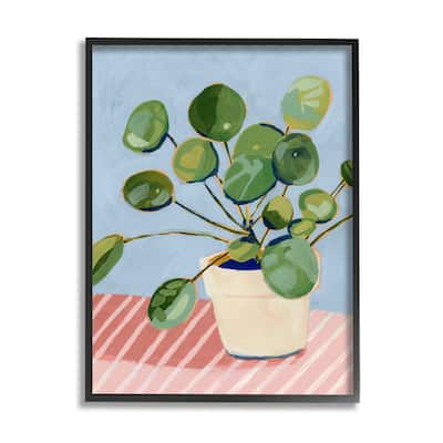 Stupell Green Potted Plant Round Leaves Pink Stripe Table Framed Wall Art - Blue