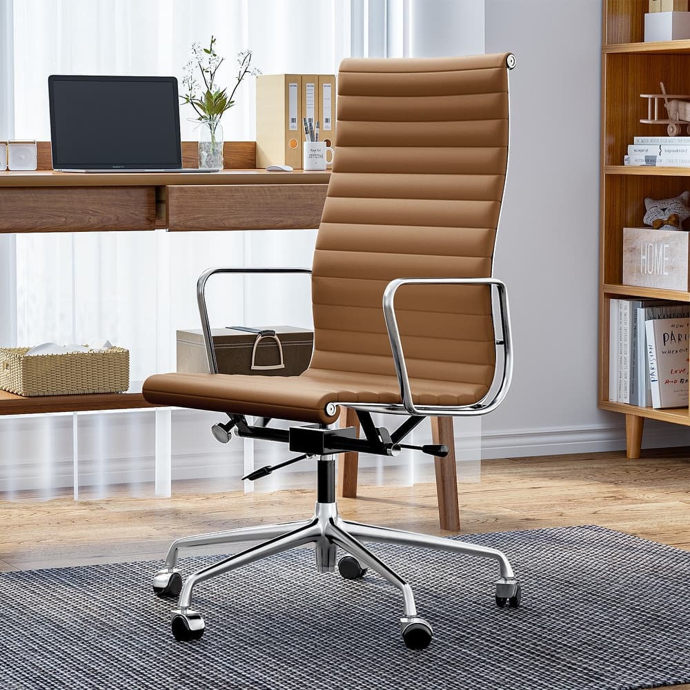 High Back Ergonomic Genuine Leather Ribbed Office Computer Chair