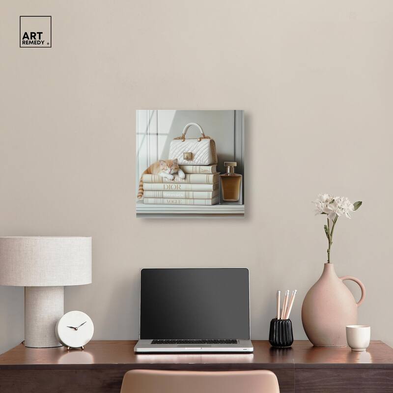 Ivory Books and Kitten Acrylic by Art Remedy, Ready to Hang