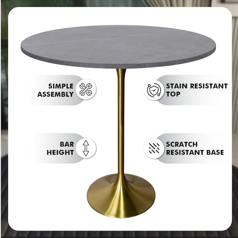 LeisureMod Verve 48" Round Bar Dining Table with Sintered Stone TableTop and Brushed Gold Base for Kitchen & Dining Room