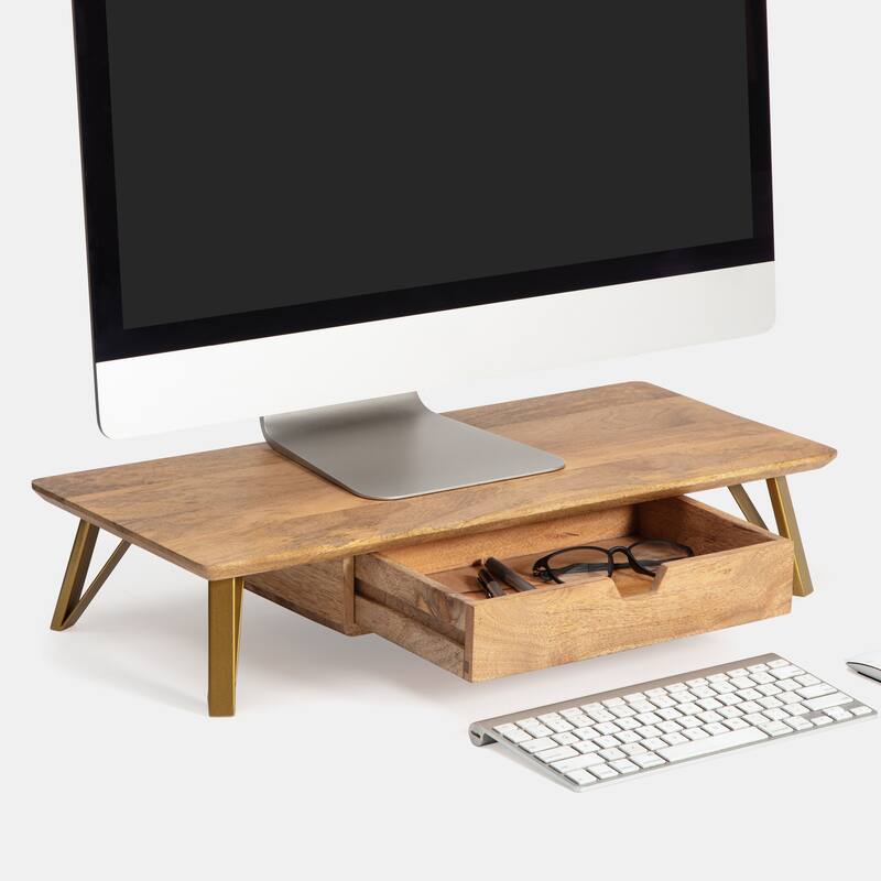 Jani Wood Monitor Stand Riser Desk - Ergonomic Design Stand, Desktop Organizer Table for Home, Office Workspace, Gaming Desk - Yellow