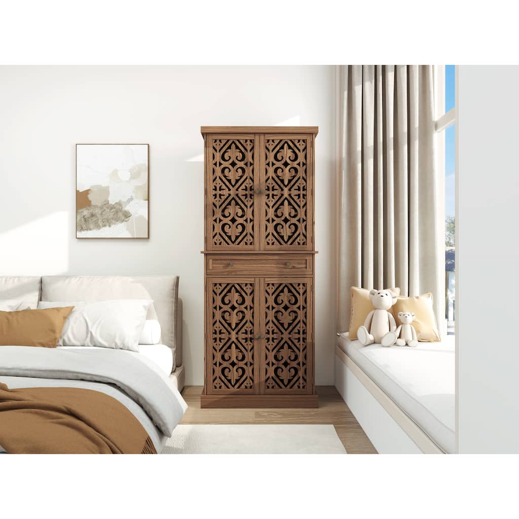 Multi-Functional Wooden Accent Cabinet, Kitchen Pantry with 1 Drawer & 4 Doors, Storage Cabinet with 4 Adjustable Shelves