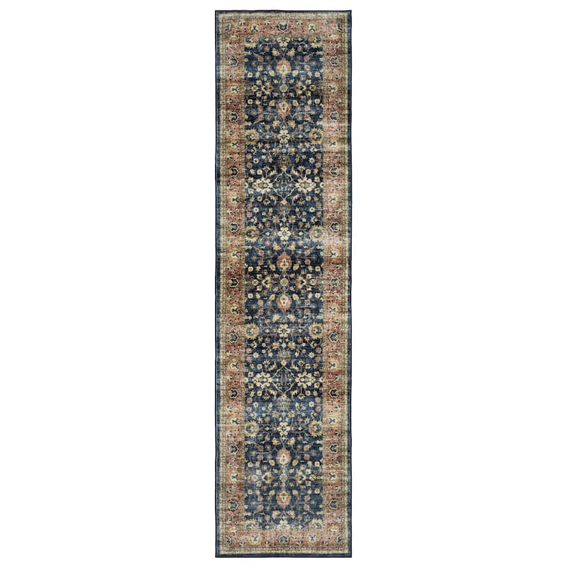 Style Haven Sunderland Traditional Bordered Machine Washable Rug Mat - 2' x 8' - Blue/ Rust - Runner