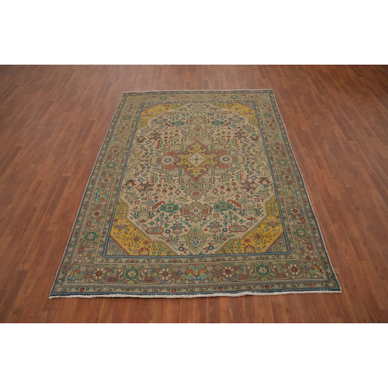Hand Knotted Oriental 100% Wool Carpet Traditional Floral Brown Tabriz Area Rug - 9' 4'' X 6' 5''