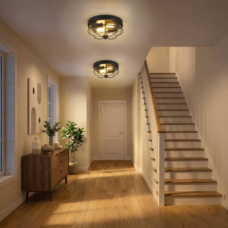 Flush Mount Ceiling Light Industrial Farmhouse Fixture with Seeded Glass Shade