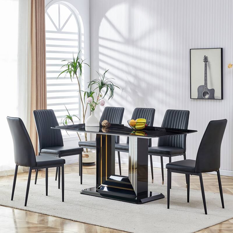 Faux Marble Dining Room Table Set, 7 Piece Rectangle Dining Table Set