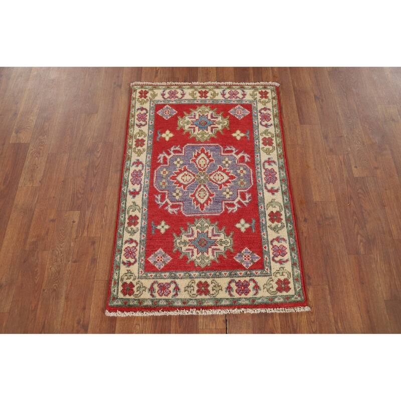 Hand Knotted Oriental 100% Wool Carpet Traditional Geometric Red Kazak Area Rug - 3' 1'' X 2' 1''