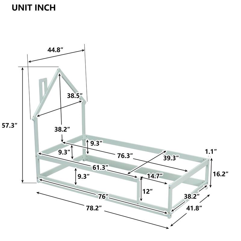 Whimsical Twin Floor Bed with House-Style Headboard and Full-Length Guardrails for Kids