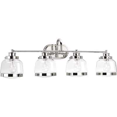 Judson Collection Four-Light Polished Nickel Clear Glass Farmhouse Bath Vanity Light - 11.25" x 35.75" x 8.5"