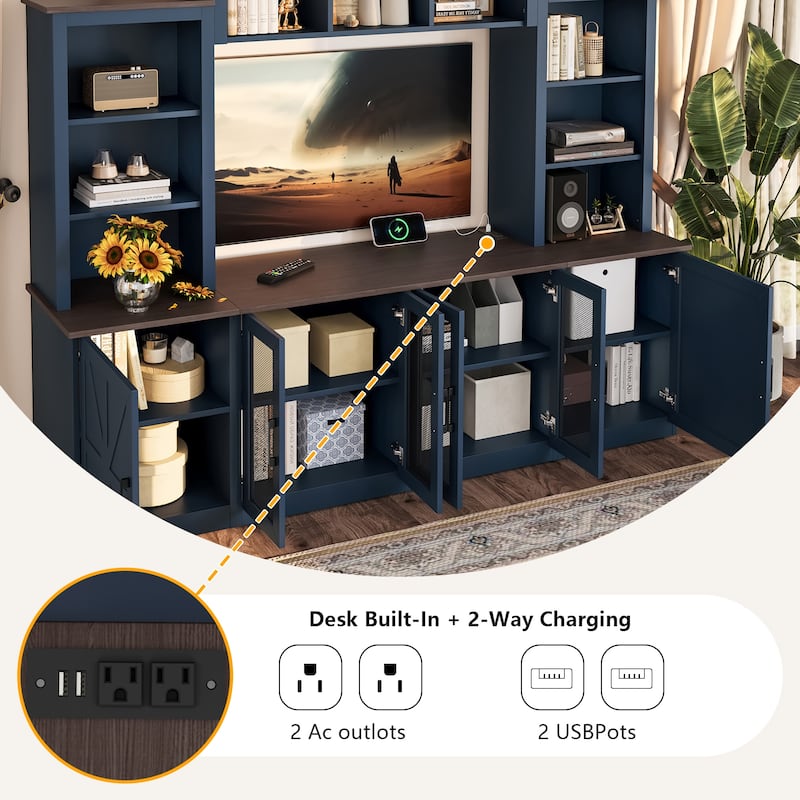 87.6" Wall Unit Entertainment Center Wood TV Stand with USB Charging, Media Console with Cabinets, Large Storage TV Cabinet