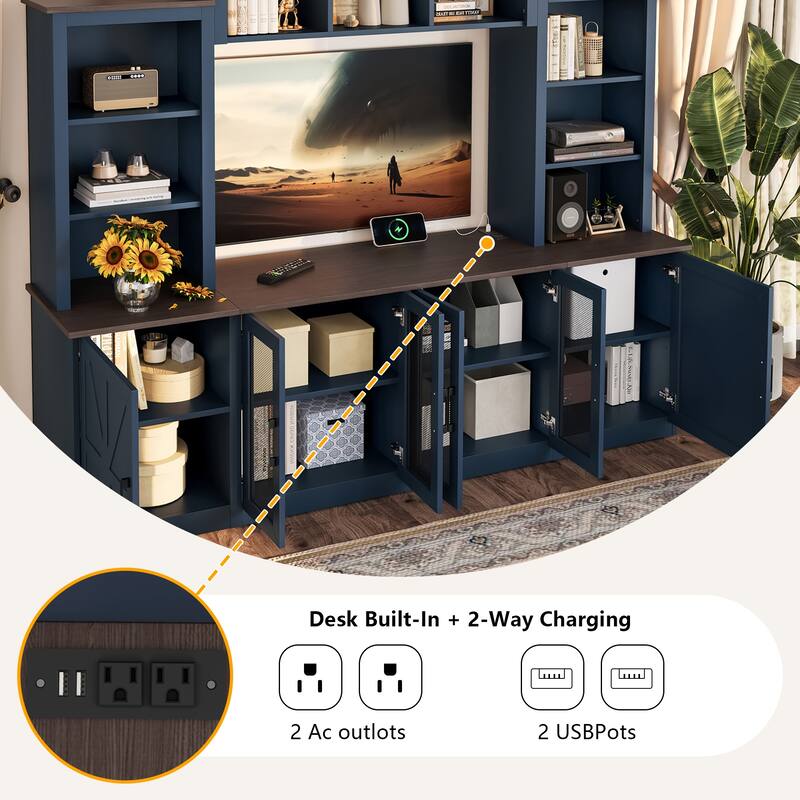 Modern 87.6" Wall Unit Entertainment Center with Bookshelves for TVs up to 55", TV Stand Media Console with Charging Station