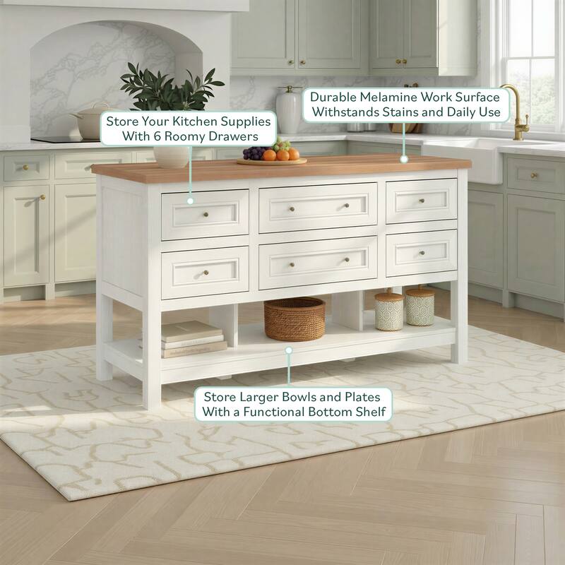 Walker Edison Modern Free-Standing Kitchen Island with 6 Drawers, White