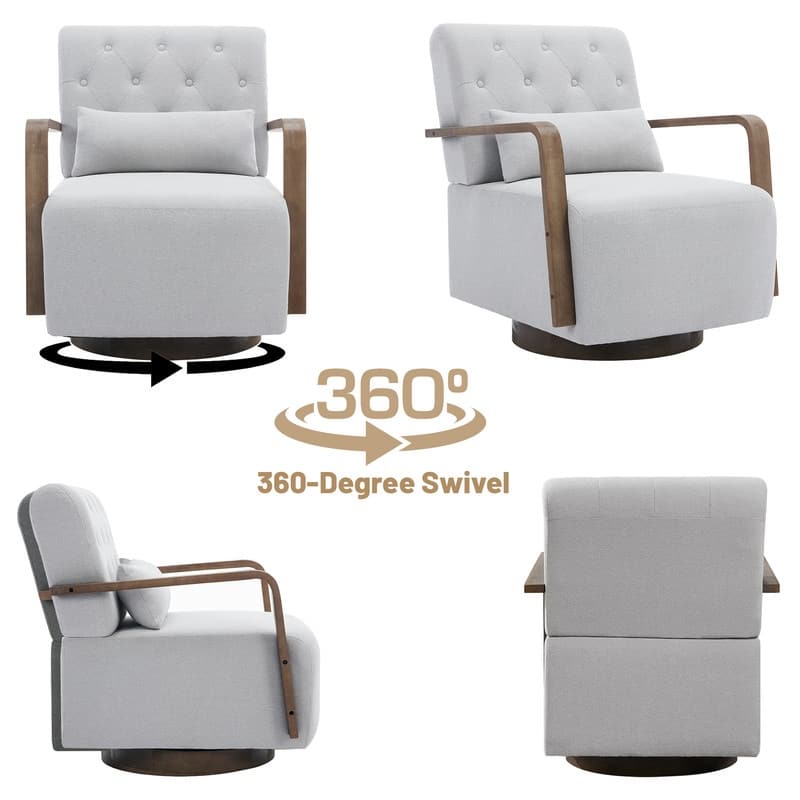 Solid Wood Swivel Accent Chair with Armrests and Lumbar Pillow - 360° Rotation