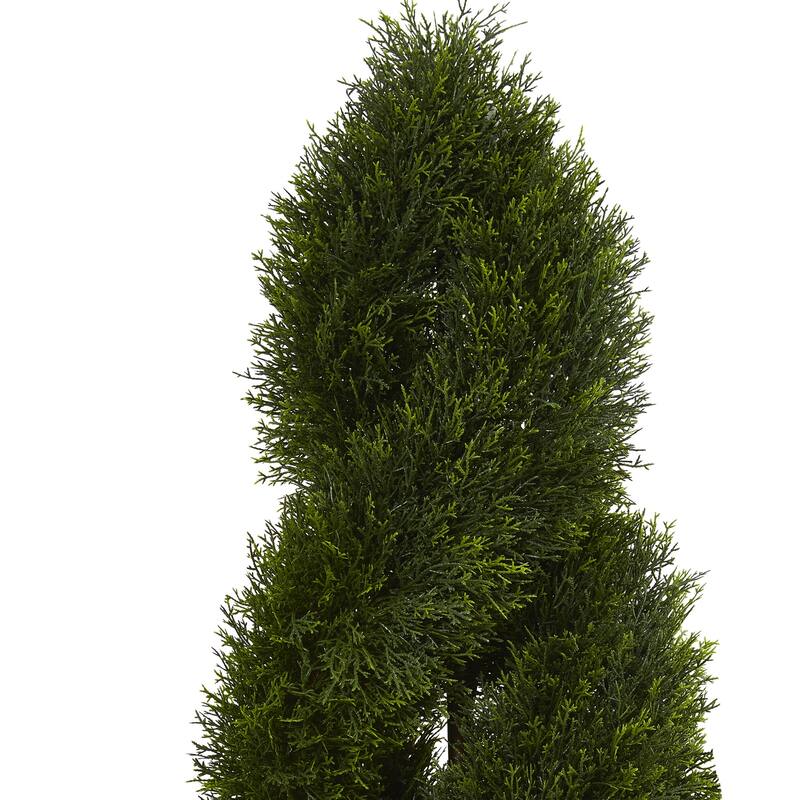 4ft Cypress Double Spiral Topiary Artificial Tree in Slate Planter with UV Resistant Foliage for Entryway or Office