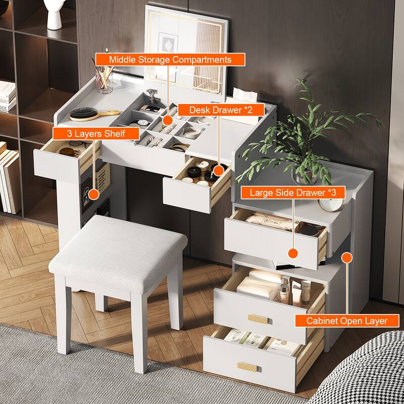 3-in-1 Makeup Vanity Desk with Flip-Top Mirror, LED Lighting, Adjustable Length & Ample Drawers