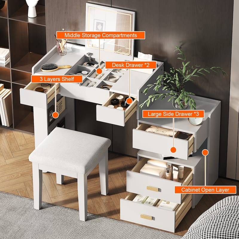 3-in-1 Makeup Vanity Desk with Stool, Flip-Top Mirror, Adjustable 3 Colors Lighting & Retractable Side Cabinet