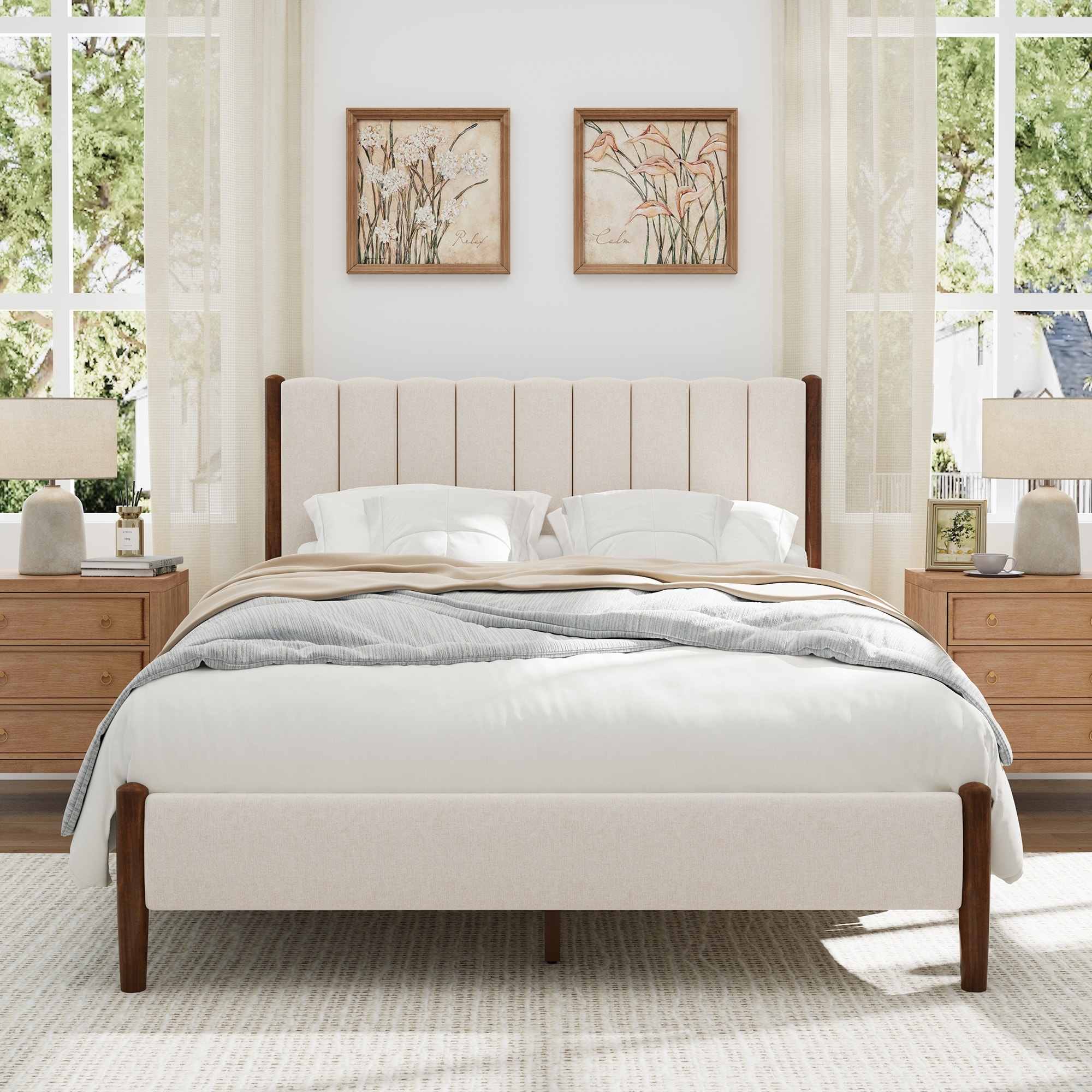Queen/ King Modern Platform Bed Frame with Headboard in Walnut Finish