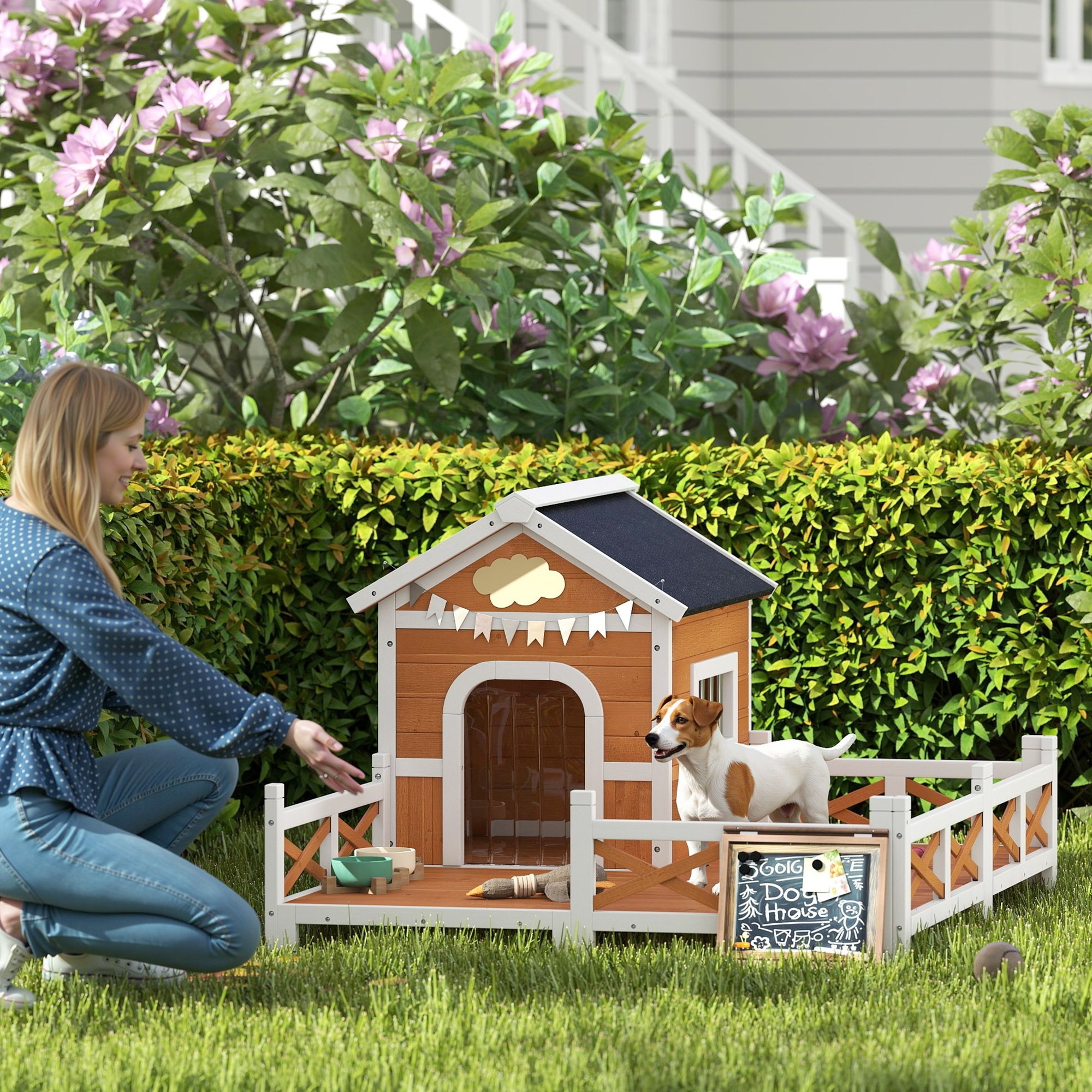 PawHut Outdoor Dog House, 56" Wooden Dog House with Large Porch, Weatherproof & Openable Roof, Elevated Base, Removable Floor