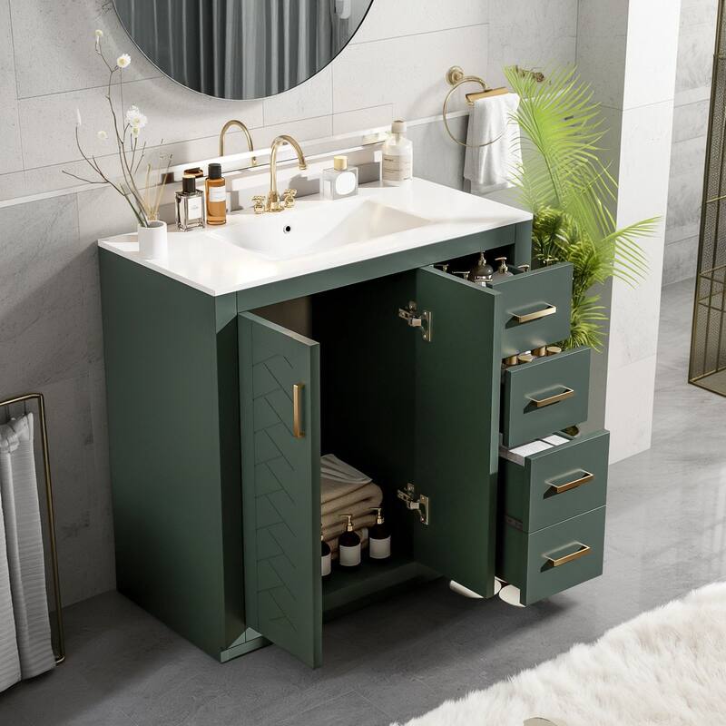 36'' Freestanding Bathroom Vanity with Sink, Solid Wood Frame, 3 Drawers