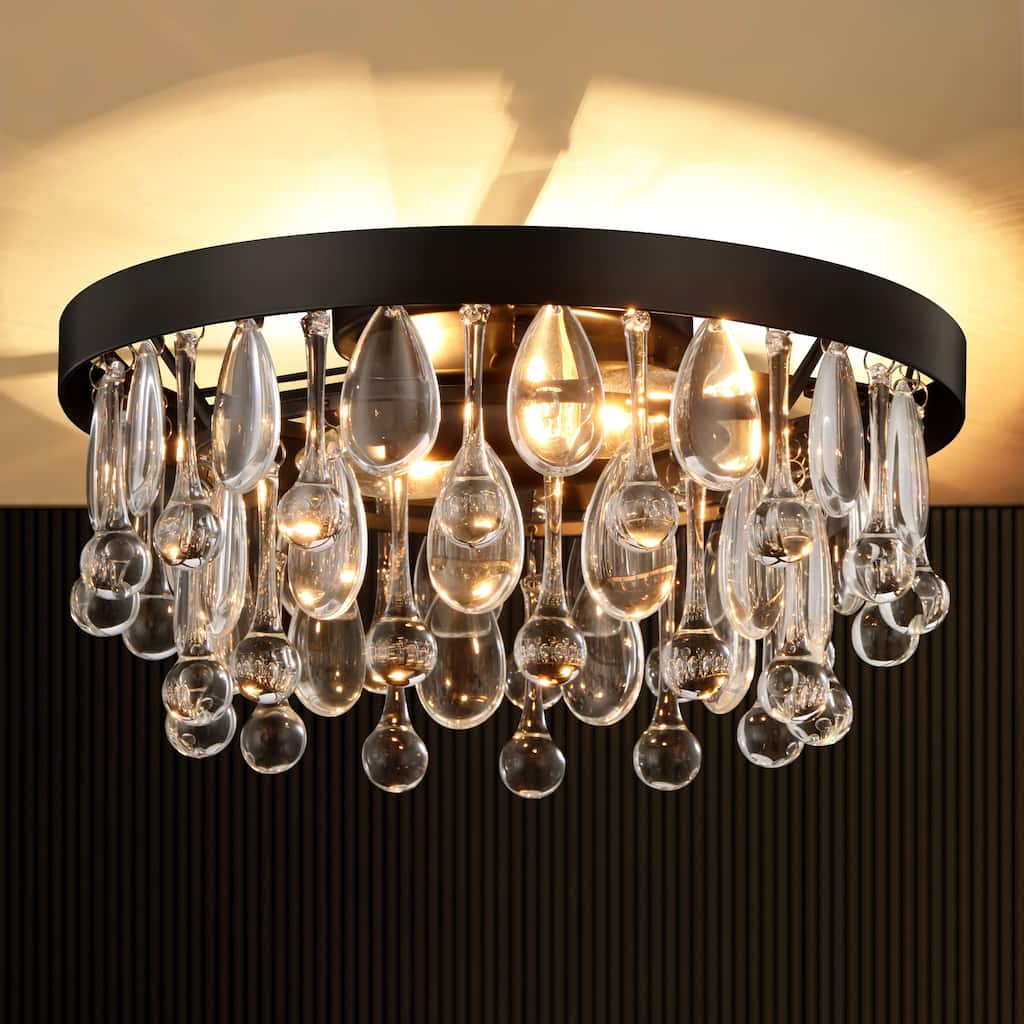 Rennnsan 12" 2-Light Modern Minimalist Crystal Drop Chrome/Black Crystal Flush Mount Ceiling Light for Bedroom