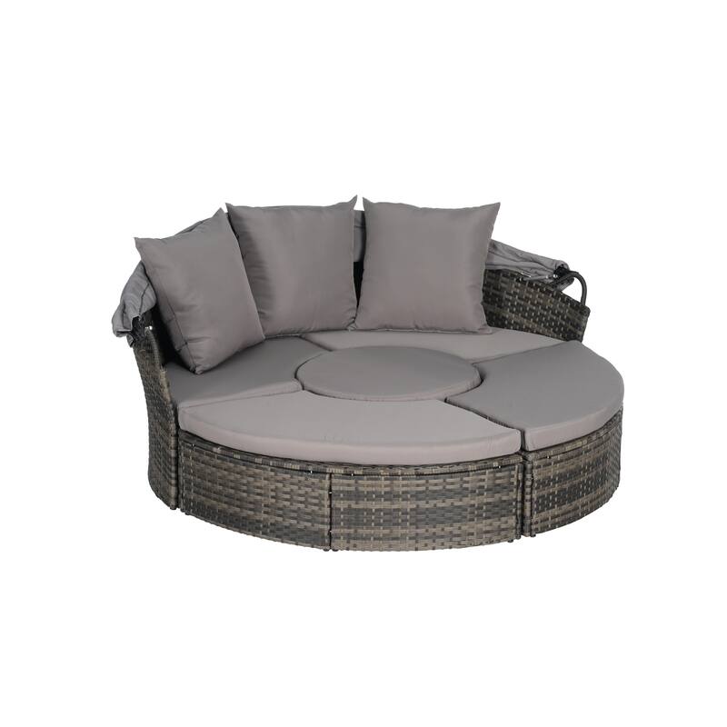 Outdoor Patio 4 Pieces Round Daybed Sunbed with Retractable Canopy, All-weather Wicker Sectional Seating Conversation Set
