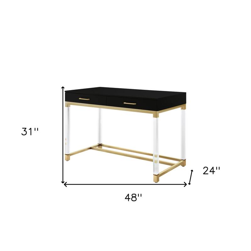 HomeRoots 48" Black Clear and Gold Wood Acrylic and Stainless Steel Writing Desk With Two Drawers