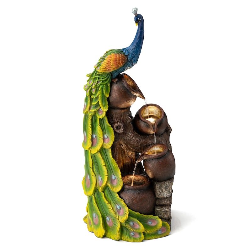 Glitzhome 40"H Oversized 4-Tier Peacock Jars Polyresin LED Lighted Outdoor Floor Fountain