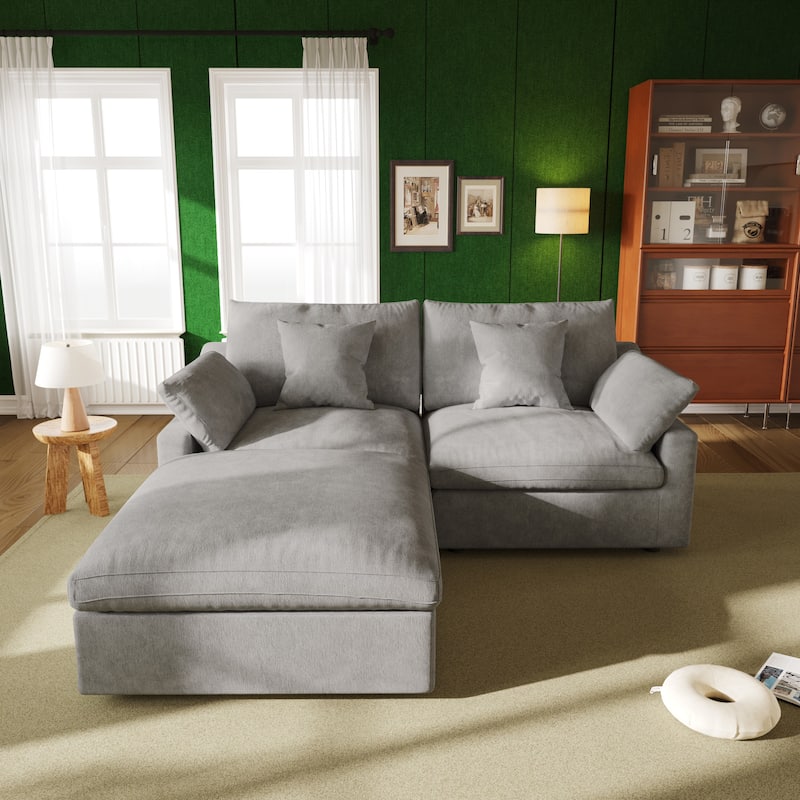 82.68'' Down Filled Sectional Couch L-shape Linen Upholstered Loveseat with Ottoman