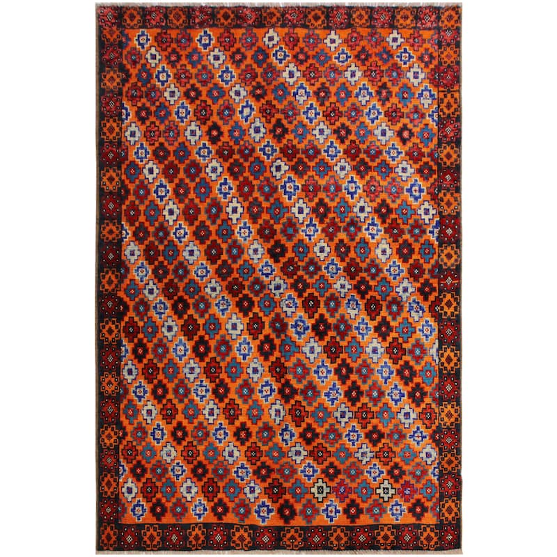 Tribal Balochi Hanna Orange/Black Hand Knotted Wool Rug - 5'1'' x 6'8''