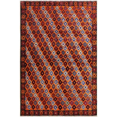 Tribal Balochi Hanna Orange/Black Hand Knotted Wool Rug - 5'1'' x 6'8''