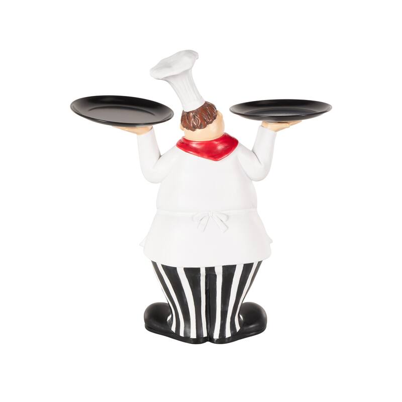 White Polystone Kitchen Decorative Figurine Chef Decorative Sculpture with Black Trays