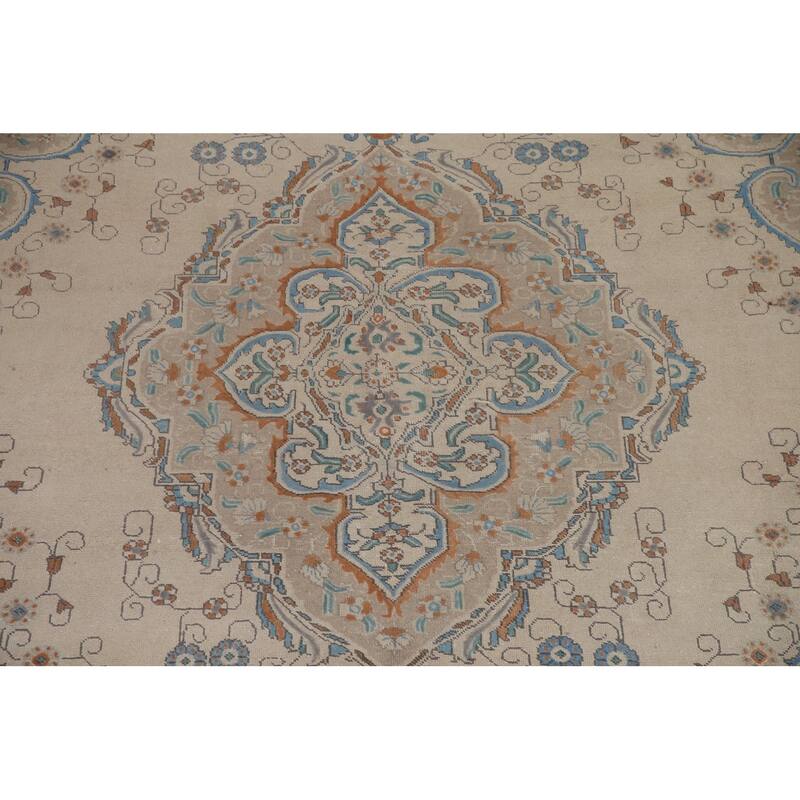 Hand Knotted Oriental 100% Wool Carpet Traditional Medallion Beige & Ivories Tabriz Area Rug - 13' 0'' X 9' 7''