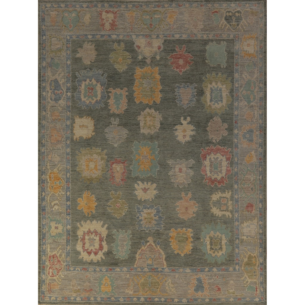Hand Knotted Oriental 100% Wool Carpet Transitional All-Over Green Oushak Area Rug - 10' 4'' X 8' 2''