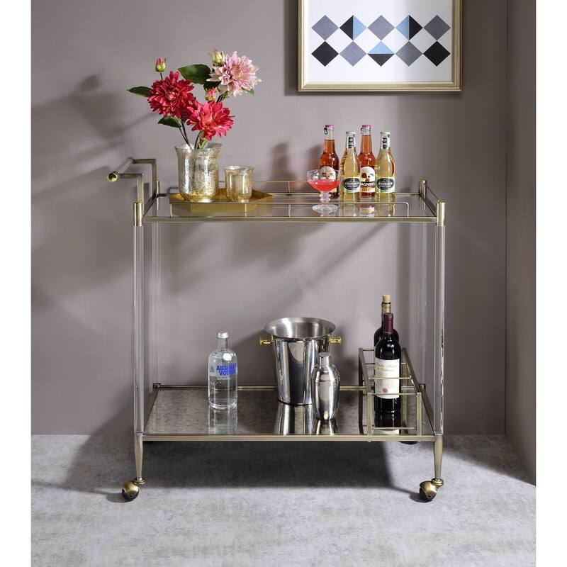 Cirro Antique Mirror & Wire Brass Finish Serving Cart(no include stool)