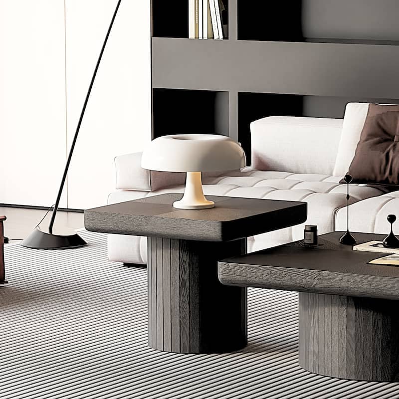 Solid Wood End Table for Living Room, 23.6'' Square Side Table Accent Table with Grooved Cylindrical Base & Thickened Top