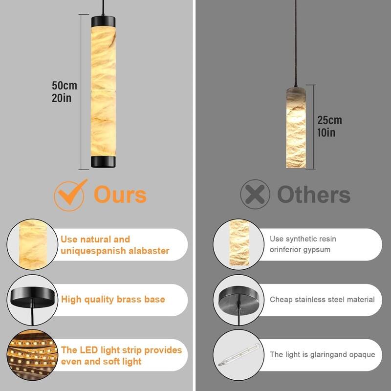 KAYLA Natural Alabaster Pendant Light - Brass Cylinder Marble Long Hanging Light - 19in