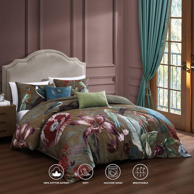 Bebejan Birds on Chocolate Brown 100% Cotton Sateen 5 Piece Reversible Comforter Set