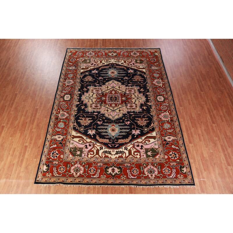 Hand Knotted Oriental 100% Wool Carpet Traditional Medallion Navy Blue & Blues Heriz (serapi) Area Rug - 13' 10'' X 9' 11''