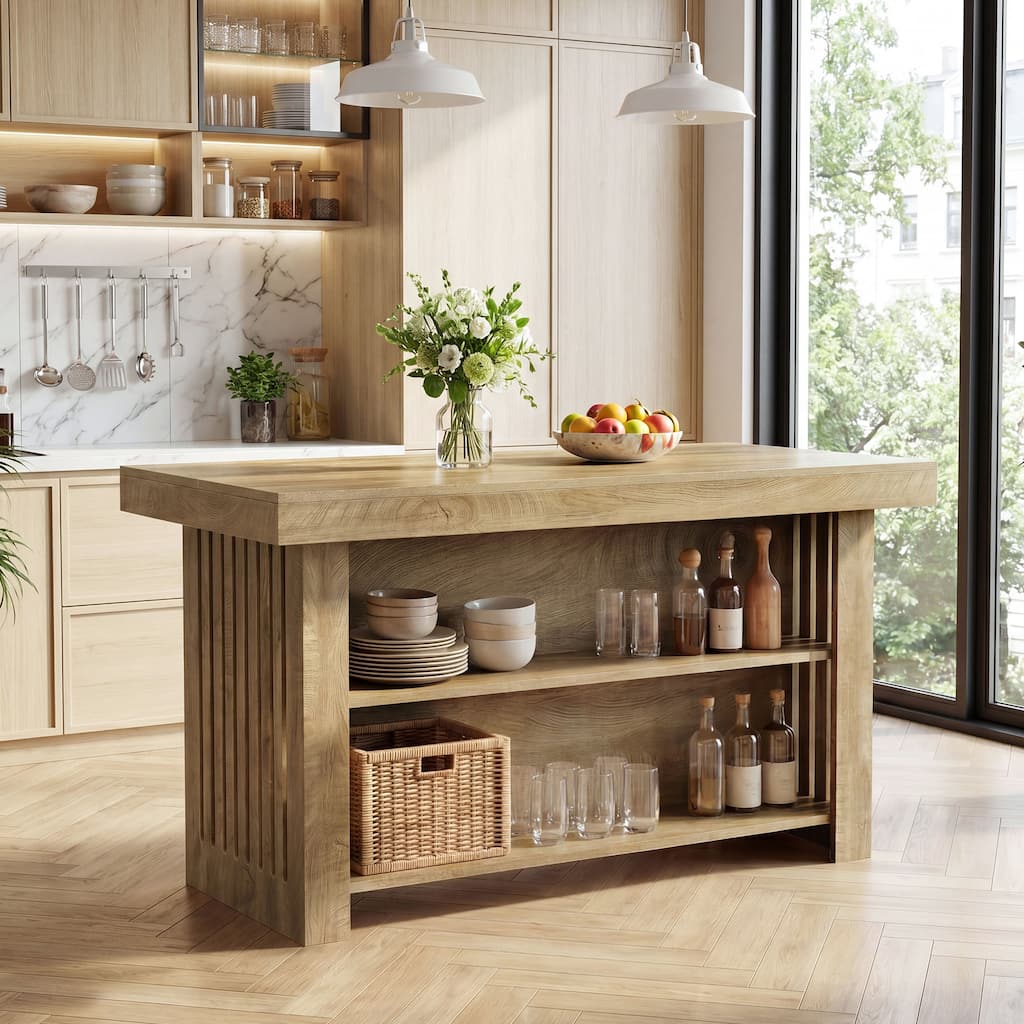 Kitchen Island with Storage, 63 Inch Stationary Butcher Block Island Table with Open Shelves, Large Kitchen Counter