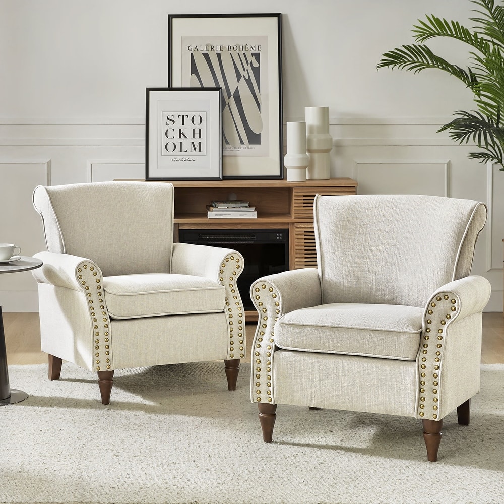 Nyctelius Upholstered Comfy Accent chair with Turned Wooden Legs and Nailhead Trim Set of 2 by HULALA HOME