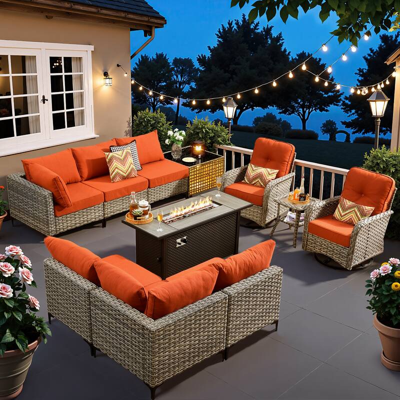 XIZZI 11-piece Outdoor Patio Wicker Furniture Sectional Set with Fire Table - Red