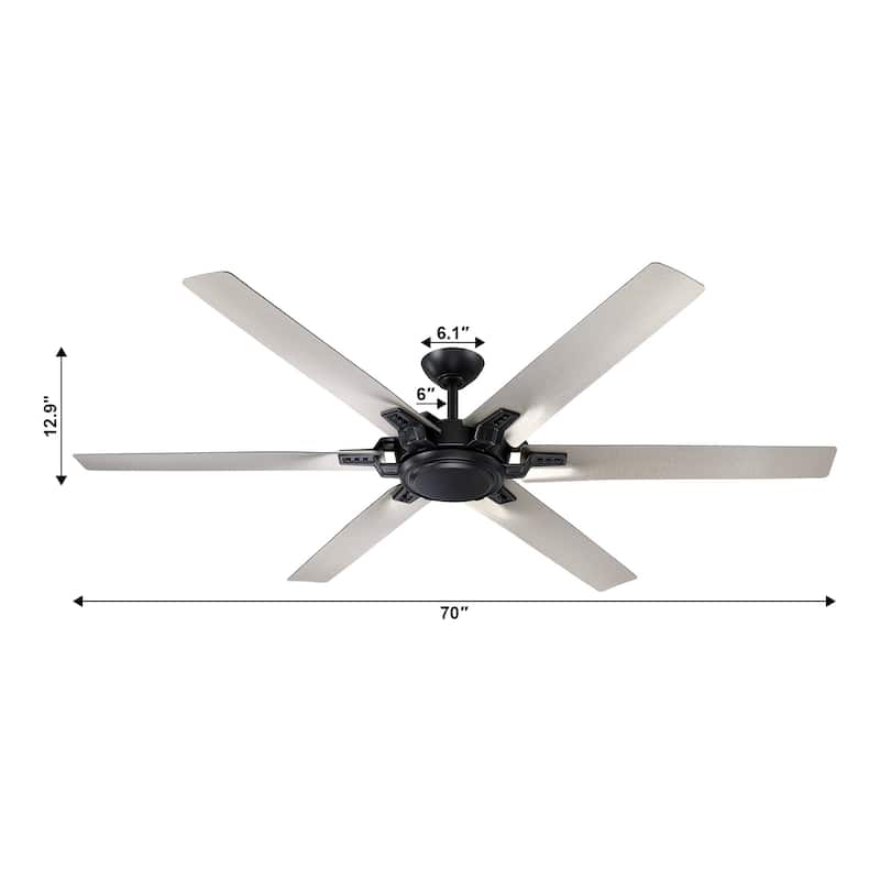 70" Modern Aluminum 6-Blade Black Large Windmill Ceiling Fan without Light - 70 in. D x 70 in. W x 13 in. H
