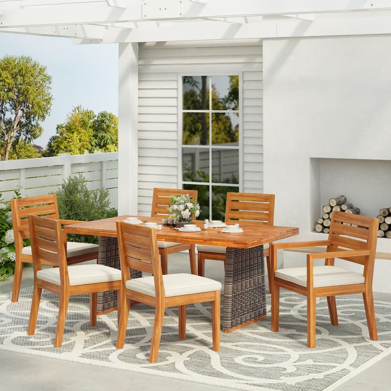Christopher Knight Home - Rowan Outdoor Dining Set with Armless Chairs and Cushions - Grey Wicker+Beige Cushion