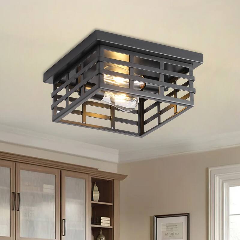 Farmhouse 2-Light Matte Black Square Flush Mount Ceiling Light Fixture
